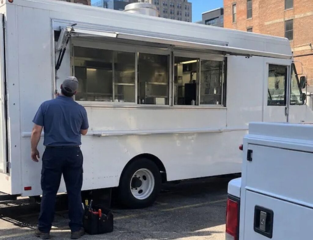 Mobile technician standing at a food truck serving window in St. Louis before an on-site food truck repair
